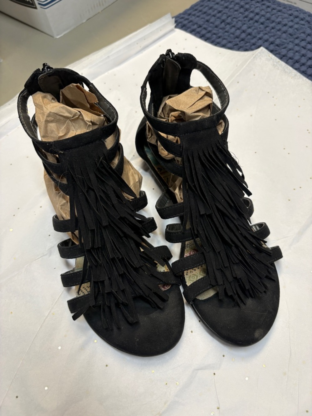 Black Fringe Strappy Sandals for Women - Brand Unspecified